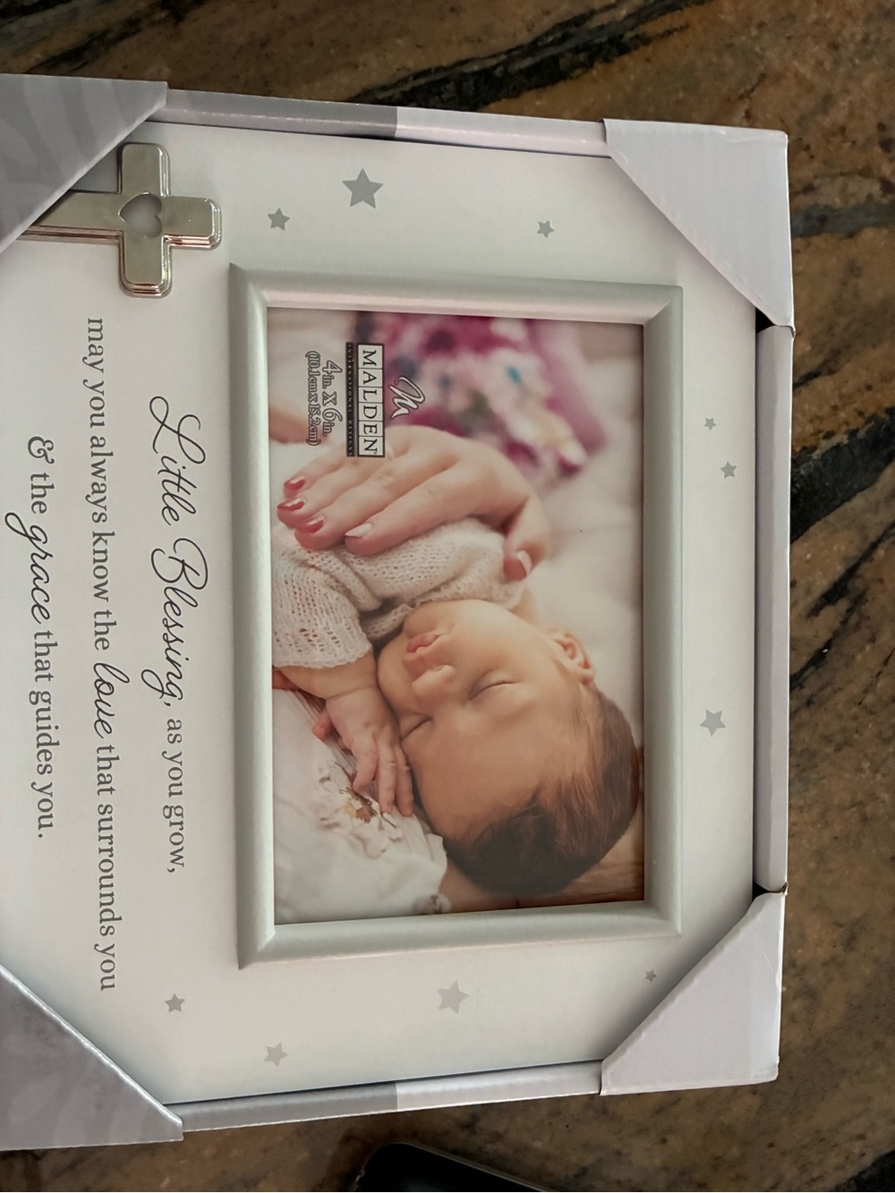 Malden White Baby Frame with Silver Cross and Star Accents